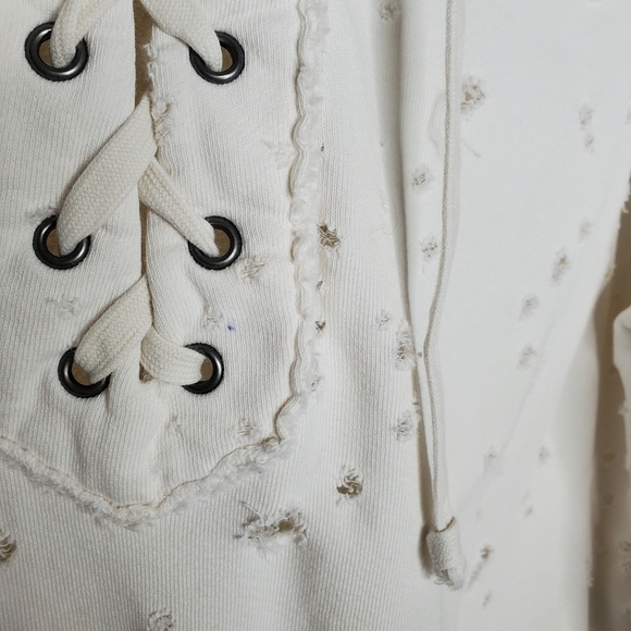 NSF White Destroyed Distressed Terry Lace Up Pullover Sweatshirt - Picture 4 of 9